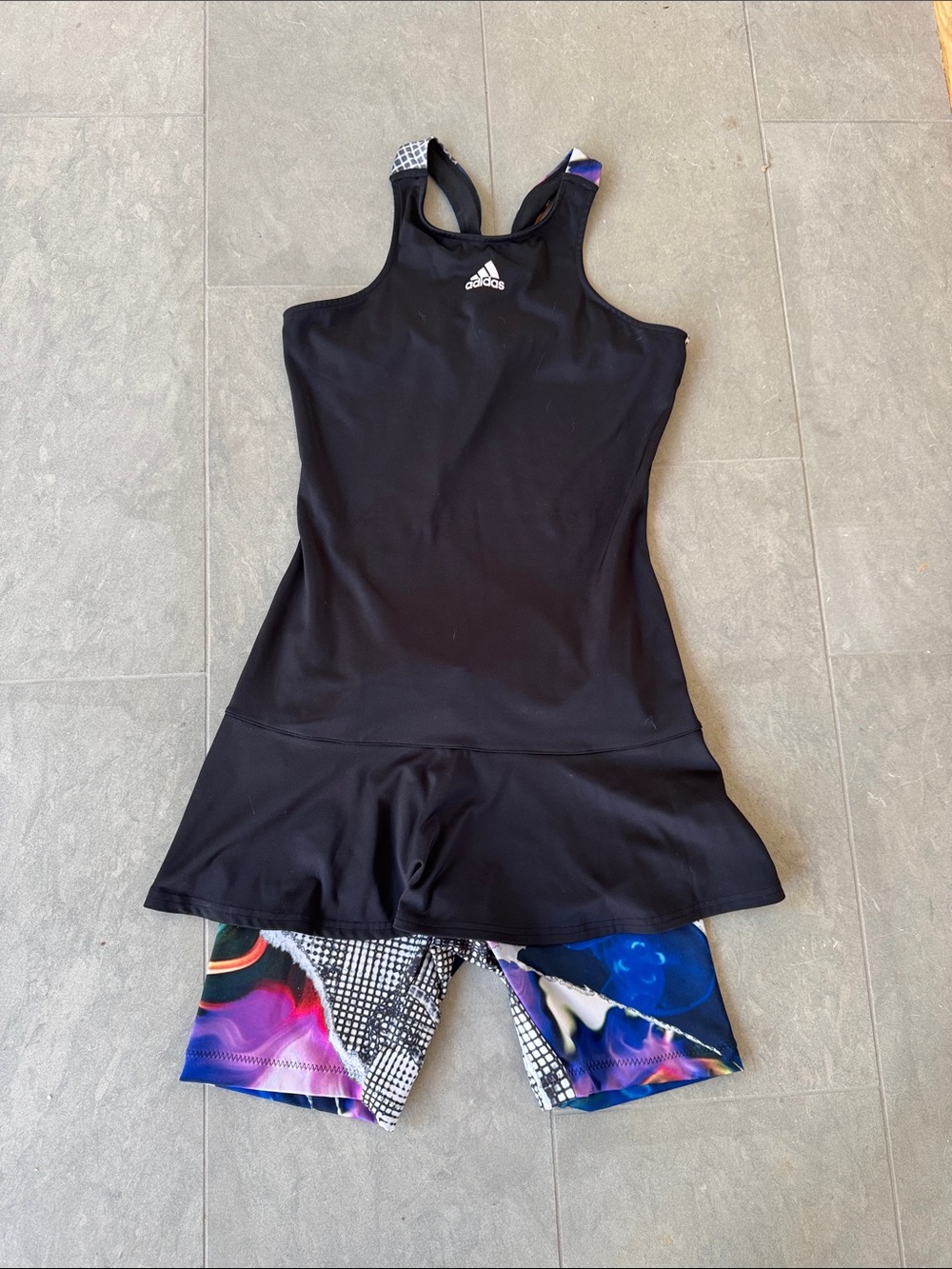 adidas sz M Black Women's Athletic Mini Dress with Multicolor Printed Shorts